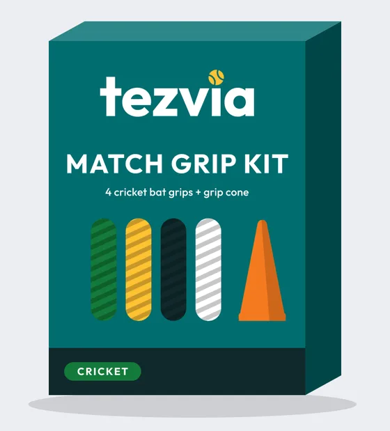 Illustration of the Tezvia Match Grip Kit box: four striped grips and a grip cone