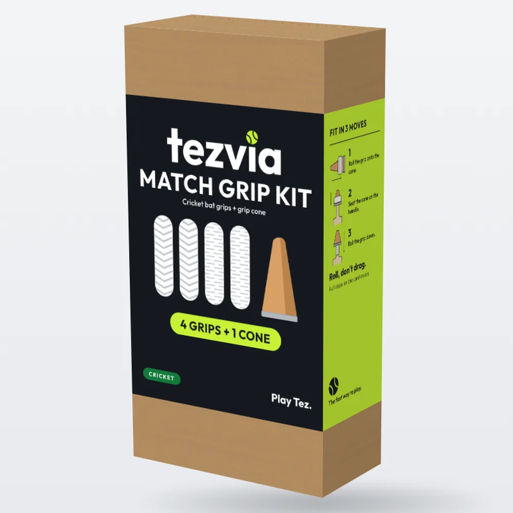 Tezvia Match Grip Kit box: printed sleeve on a kraft box, front and side (mock-up)